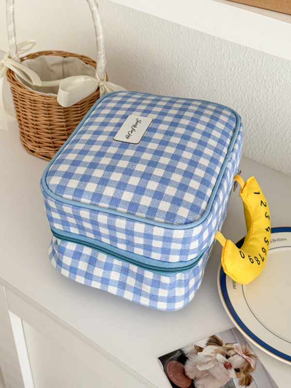 Geantă de machiaj din pânză cu model în carouri - Capacitate mare, Unisex, Respirabilă, Ultra-ușoară pentru călătorii