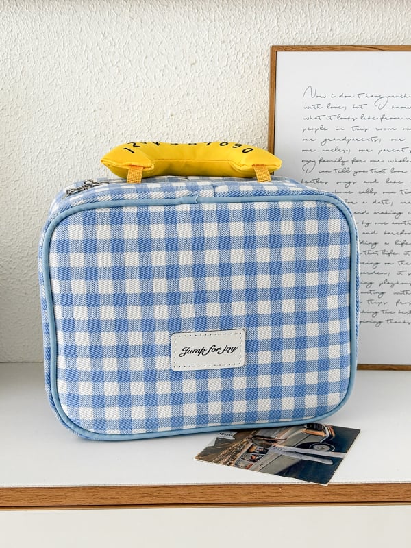 Geantă de machiaj din pânză cu model în carouri - Capacitate mare, Unisex, Respirabilă, Ultra-ușoară pentru călătorii