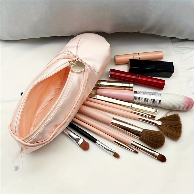 Θήκη μακιγιάζ κυλινδρικού σχήματος με φερμουάρ, φορητή τσάντα καλλυντικών για πινέλα και παπούτσια μπαλέτου, πολυεστερικό εξωτερικό και επένδυση