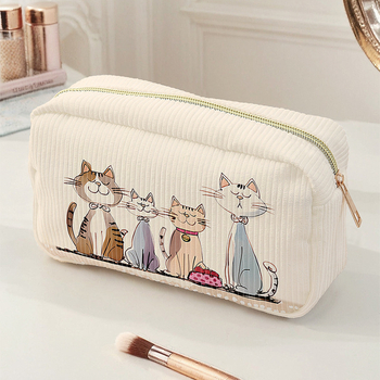 Дамска чантичка за грим от corduroy с принт на котка в анимационен стил, голям капацитет, многофункционална, преносима и сгъваема