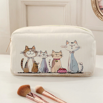 Дамска чантичка за грим от corduroy с принт на котка в анимационен стил, голям капацитет, многофункционална, преносима и сгъваема