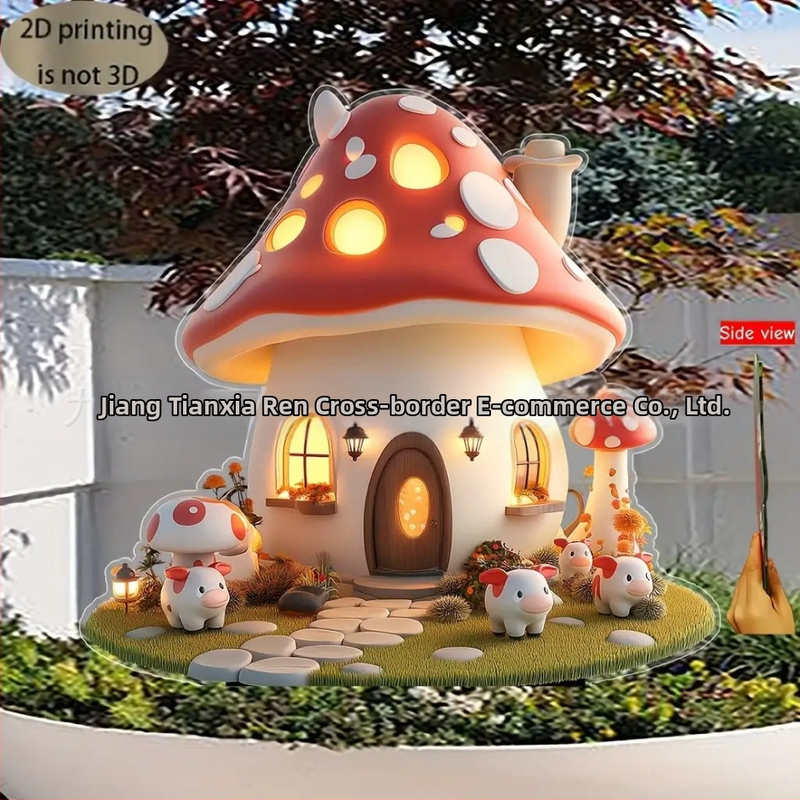 2D плоска фантазийна гъбена къщичка за градина със стойка за закрепване в почвата — акрил, артикул 2589, опаковка OPP пакет, пролет, фестивал Qixi