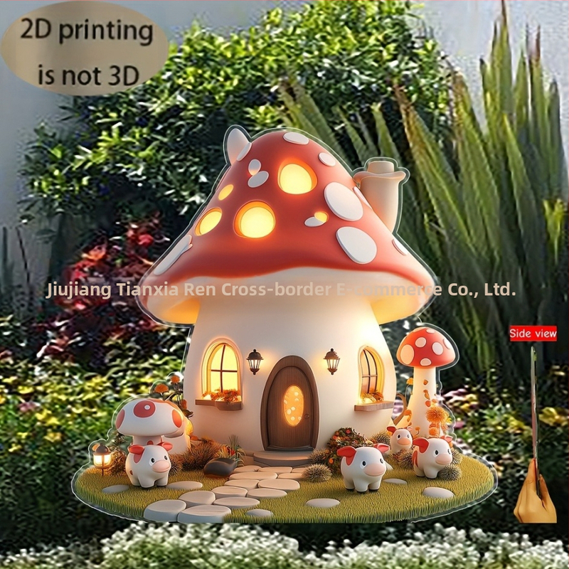 2D плоска фантазийна гъбена къщичка за градина със стойка за закрепване в почвата — акрил, артикул 2589, опаковка OPP пакет, пролет, фестивал Qixi