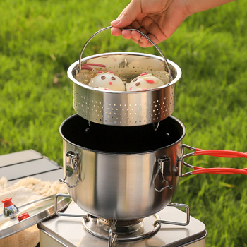 Κατσαρόλα Κατασκήνωσης από Ανοξείδωτο Ατσάλι με Πολυεπίπεδο Πάτο, Ατσάλινο Καπάκι, 1 Επίπεδο, Σκεύος Ατμού