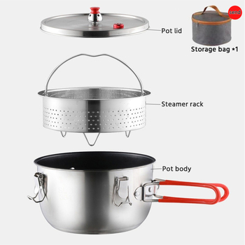 Κατσαρόλα Κατασκήνωσης από Ανοξείδωτο Ατσάλι με Πολυεπίπεδο Πάτο, Ατσάλινο Καπάκι, 1 Επίπεδο, Σκεύος Ατμού