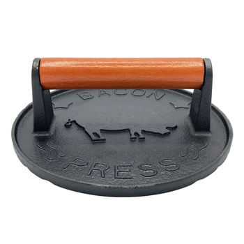 Mēsa prese no dzelzs, manuāla, ar neslīdošu virsmu, bez pārklājuma, ar koka rokturu; svars 1 kg, dziļums 1 cm, forma kvadrāts vai aplis