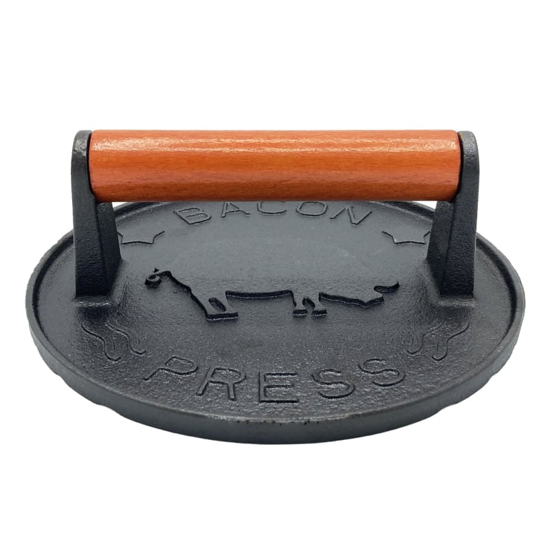 Mēsa prese no dzelzs, manuāla, ar neslīdošu virsmu, bez pārklājuma, ar koka rokturu; svars 1 kg, dziļums 1 cm, forma kvadrāts vai aplis