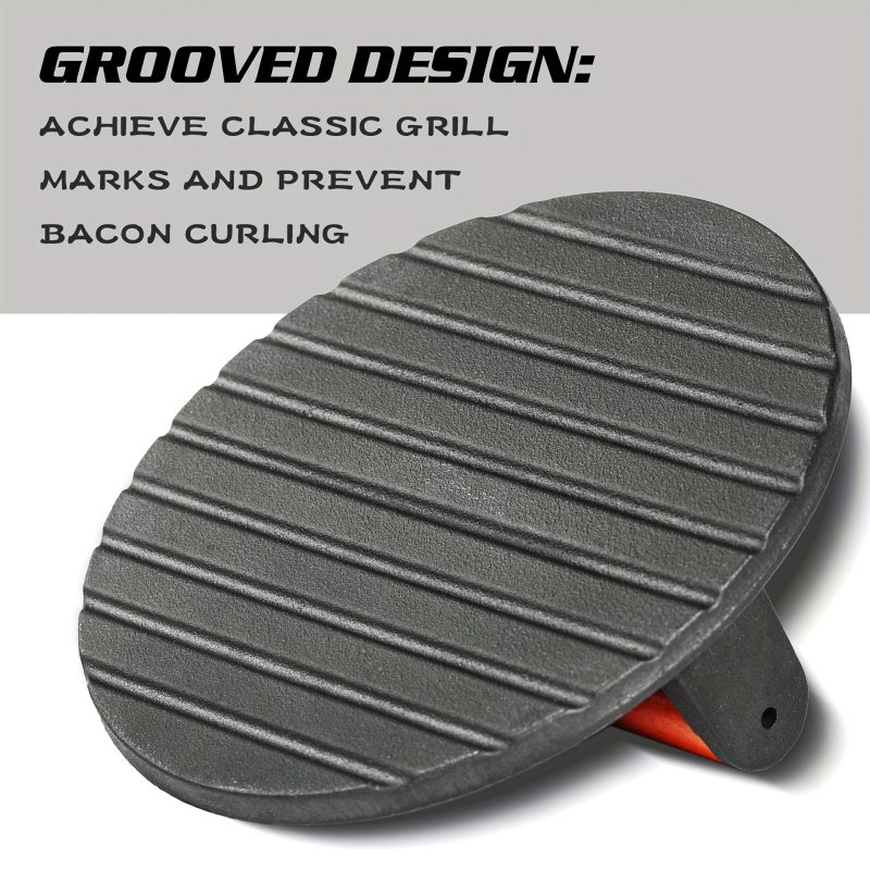 Mēsa prese no dzelzs, manuāla, ar neslīdošu virsmu, bez pārklājuma, ar koka rokturu; svars 1 kg, dziļums 1 cm, forma kvadrāts vai aplis