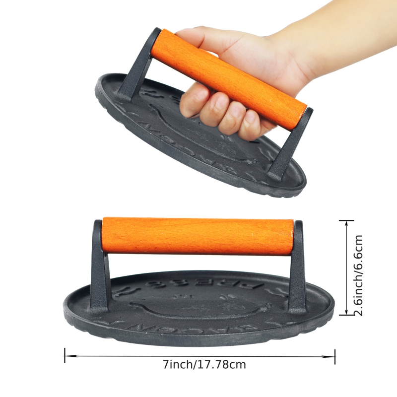 Mēsa prese no dzelzs, manuāla, ar neslīdošu virsmu, bez pārklājuma, ar koka rokturu; svars 1 kg, dziļums 1 cm, forma kvadrāts vai aplis