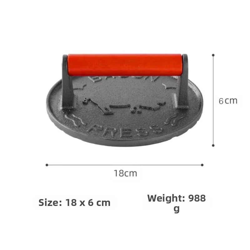 Mēsa prese no dzelzs, manuāla, ar neslīdošu virsmu, bez pārklājuma, ar koka rokturu; svars 1 kg, dziļums 1 cm, forma kvadrāts vai aplis