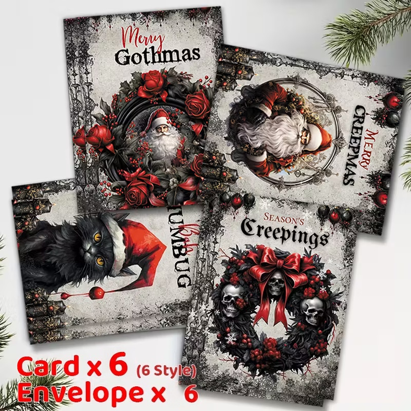Κάρτες Ευχών – Γοτθικού στιλ χριστουγεννιάτικες με σχέδιο σκοτεινού Αγίου Βασίλη; Κωδικός προϊόντος C, χαρτόνι, εκτύπωση, vintage στιλ.