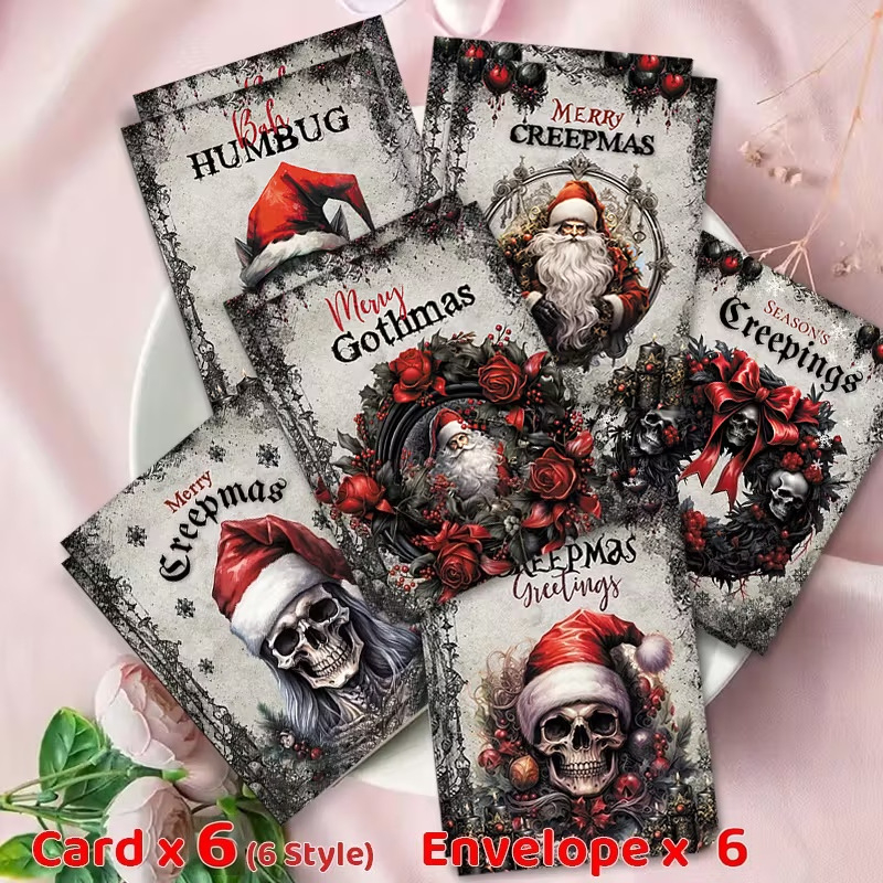 Κάρτες Ευχών – Γοτθικού στιλ χριστουγεννιάτικες με σχέδιο σκοτεινού Αγίου Βασίλη; Κωδικός προϊόντος C, χαρτόνι, εκτύπωση, vintage στιλ.