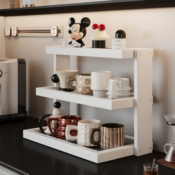 Raft de depozitare pentru cești și seturi de ceai – bambus, 3 niveluri, multifuncțional, montaj pe birou, potrivit pentru bucătărie, baie și sufragerie.