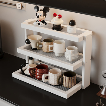 Raft de depozitare pentru cești și seturi de ceai – bambus, 3 niveluri, multifuncțional, montaj pe birou, potrivit pentru bucătărie, baie și sufragerie.