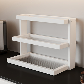 Raft de depozitare pentru cești și seturi de ceai – bambus, 3 niveluri, multifuncțional, montaj pe birou, potrivit pentru bucătărie, baie și sufragerie.