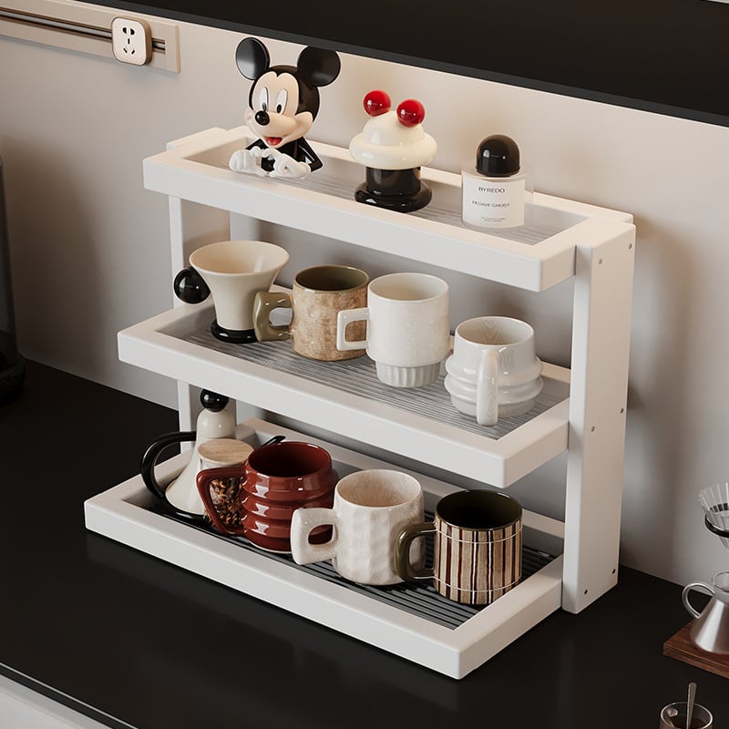 Raft de depozitare pentru cești și seturi de ceai – bambus, 3 niveluri, multifuncțional, montaj pe birou, potrivit pentru bucătărie, baie și sufragerie.