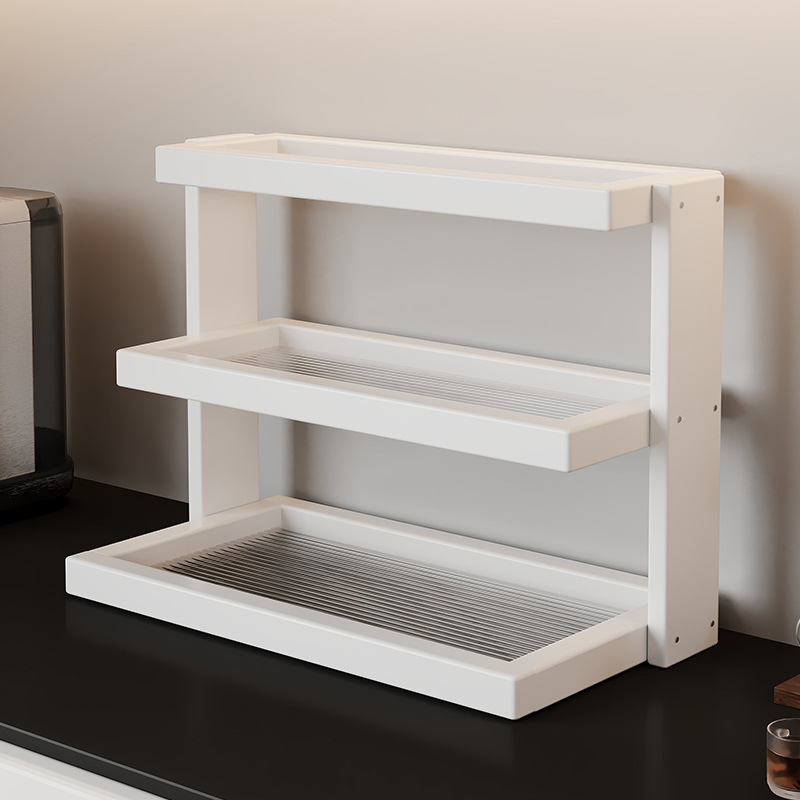 Raft de depozitare pentru cești și seturi de ceai – bambus, 3 niveluri, multifuncțional, montaj pe birou, potrivit pentru bucătărie, baie și sufragerie.