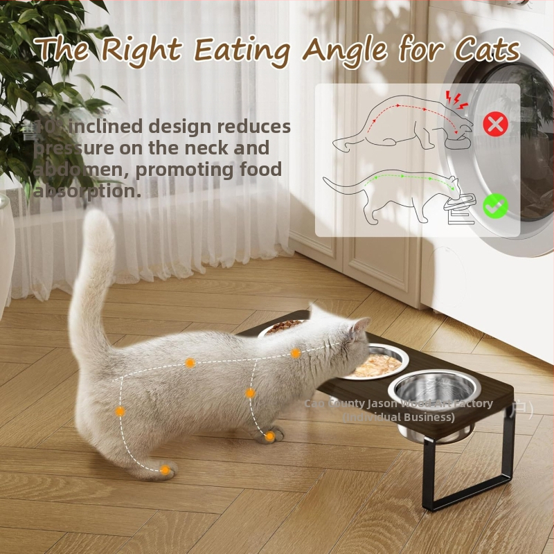 Suport din lemn pentru farfurie de pisici, înălțat, înclinare de 15° – anti-vărsături, pentru pisici