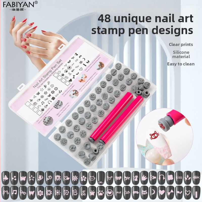 Set de ștampilare unghii cu 48 capete din silicon înlocuibile — Motive fluture și floare; Material plastice; Greutate netă 75–80 g