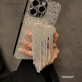 iPhone laikiklis su širdies karoliukų užuolaida, akrilo medžiaga, atsparus kritimui, suderinamas su Apple (Dizainas: Resin Glitter Heart Beaded Curtain Stand)