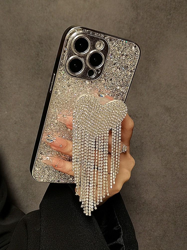 iPhone laikiklis su širdies karoliukų užuolaida, akrilo medžiaga, atsparus kritimui, suderinamas su Apple (Dizainas: Resin Glitter Heart Beaded Curtain Stand)