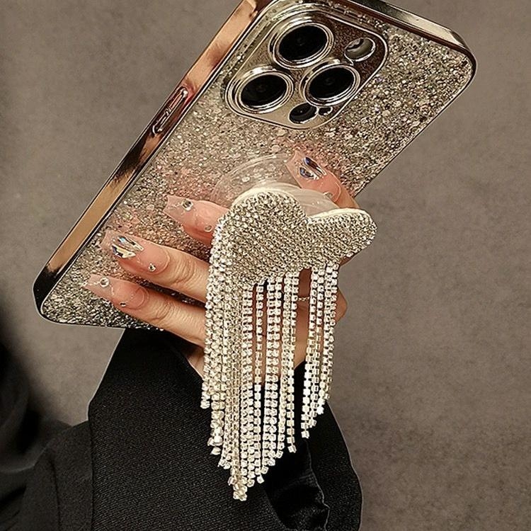 iPhone laikiklis su širdies karoliukų užuolaida, akrilo medžiaga, atsparus kritimui, suderinamas su Apple (Dizainas: Resin Glitter Heart Beaded Curtain Stand)