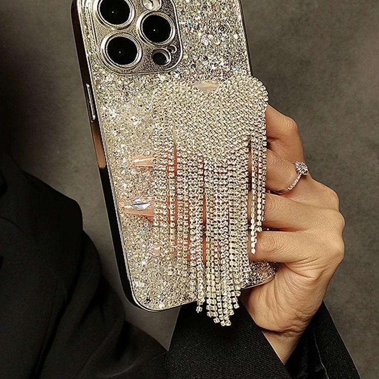 iPhone laikiklis su širdies karoliukų užuolaida, akrilo medžiaga, atsparus kritimui, suderinamas su Apple (Dizainas: Resin Glitter Heart Beaded Curtain Stand)