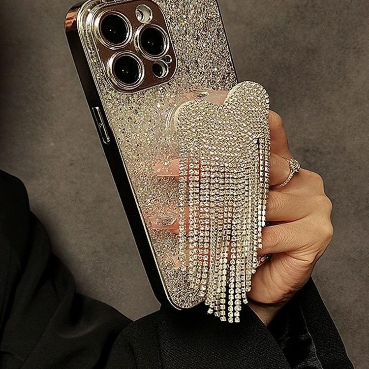 iPhone laikiklis su širdies karoliukų užuolaida, akrilo medžiaga, atsparus kritimui, suderinamas su Apple (Dizainas: Resin Glitter Heart Beaded Curtain Stand)