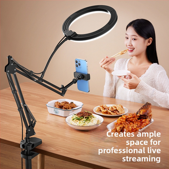 Tālruņa statīvs ar LED apgaismojumu pārredzamam uz galda — tiešraide un videoieraksts par ēdienu un juvelierizstrādēm; universāls mobilajiem tālruņiem; modelis F1a; alumīnija sakausējums