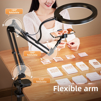 Стойка за мобилен телефон за надгледно заснемане с LED осветление — настолно лайв стриймване и видеозапис на храна и бижута, модел F1a, алуминиева сплав