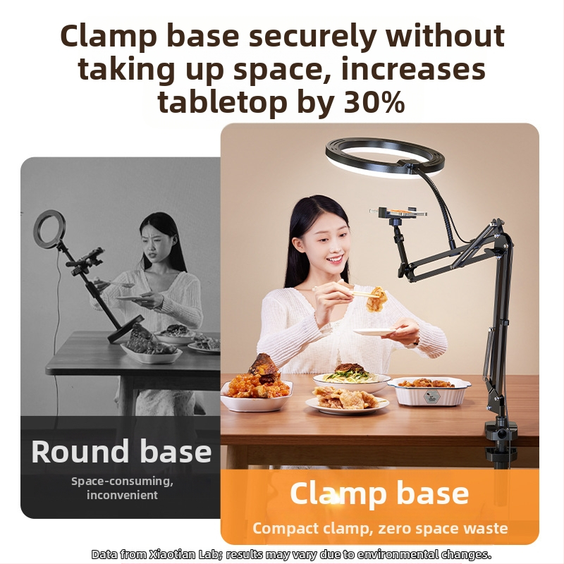 Držiak na telefón s LED osvetlením pre overhead snímanie na stole — živé vysielanie a natáčanie jedál a šperkov; univerzálny pre telefóny; model F1a; hliníková zliatina