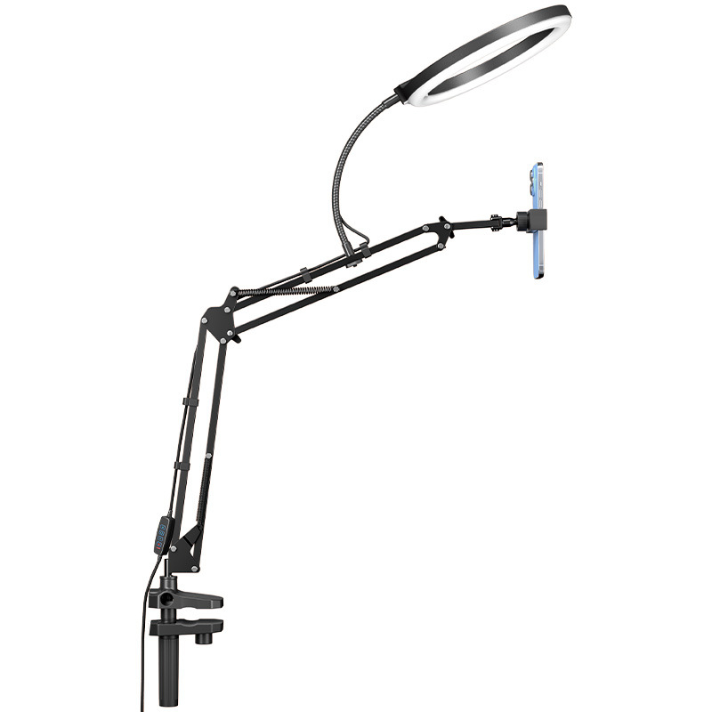 Tālruņa statīvs ar LED apgaismojumu pārredzamam uz galda — tiešraide un videoieraksts par ēdienu un juvelierizstrādēm; universāls mobilajiem tālruņiem; modelis F1a; alumīnija sakausējums