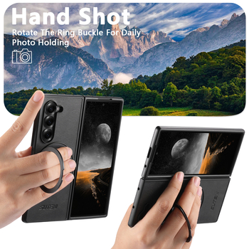 Suteni кожен калъф за Samsung Z Fold7/6/5 — магнитно безжично зареждане, 360° въртящ се пръстен държач, PU+TPU, ръчна изработка