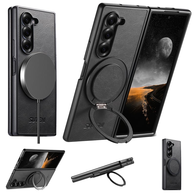Θήκη Suteni από δέρμα για Samsung Z Fold7/6/5 με μαγνητική ασύρματη φόρτιση και περιστρεφόμενο δαχτυλιδάκι 360° — PU+TPU, χειροποίητο
