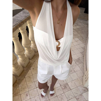 Tank Top Camisole - Slim Fit, Poluprozirni leđa, Padajući dekolte i Metalne dekoracije, Materijal pamuk-lin Vinylon, Vzor logotipa