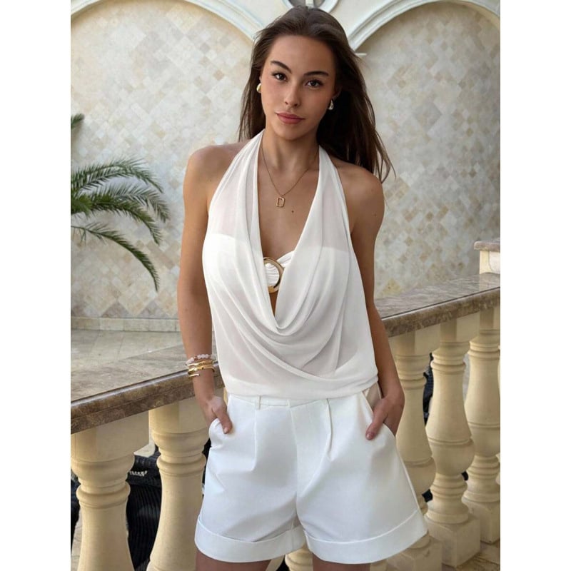 Tank Top Camisole - Slim Fit, Pusiau skaidrus atgal, Nuleistas Kaklo Iškirptė ir Metalinės Dekoracijos, Medvilnės-Lin Vinilonos Audinys, Logotipo Raštas