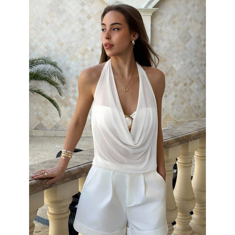 Tank Top Camisole - Slim Fit, Pusiau skaidrus atgal, Nuleistas Kaklo Iškirptė ir Metalinės Dekoracijos, Medvilnės-Lin Vinilonos Audinys, Logotipo Raštas