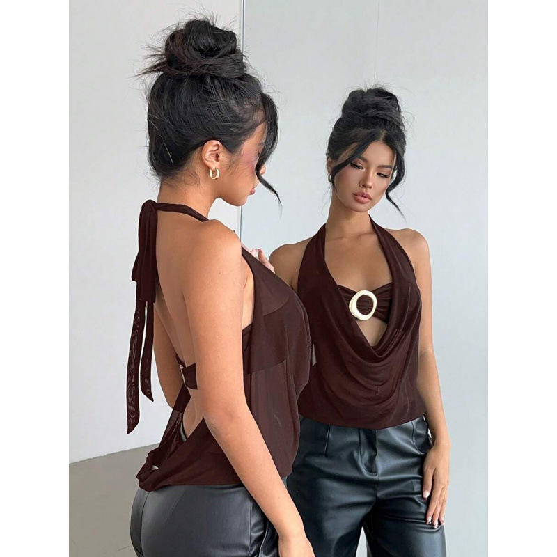 Tank Top Camisole - Slim Fit, Poluprozirni leđa, Padajući dekolte i Metalne dekoracije, Materijal pamuk-lin Vinylon, Vzor logotipa