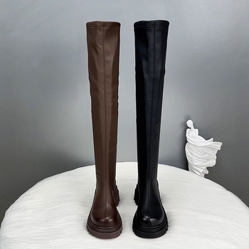 Moteriški over-the-knee batai su stora padu, PU viršus, gumos padas, apvali nosis, masyvus kulnas 3–5 cm, korėjiško stiliaus