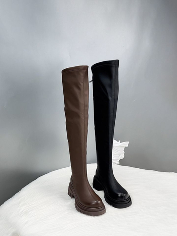 Moteriški over-the-knee batai su stora padu, PU viršus, gumos padas, apvali nosis, masyvus kulnas 3–5 cm, korėjiško stiliaus