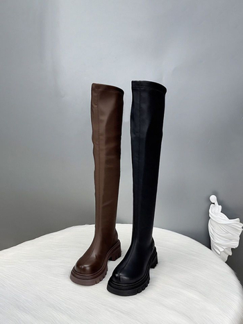 Moteriški over-the-knee batai su stora padu, PU viršus, gumos padas, apvali nosis, masyvus kulnas 3–5 cm, korėjiško stiliaus