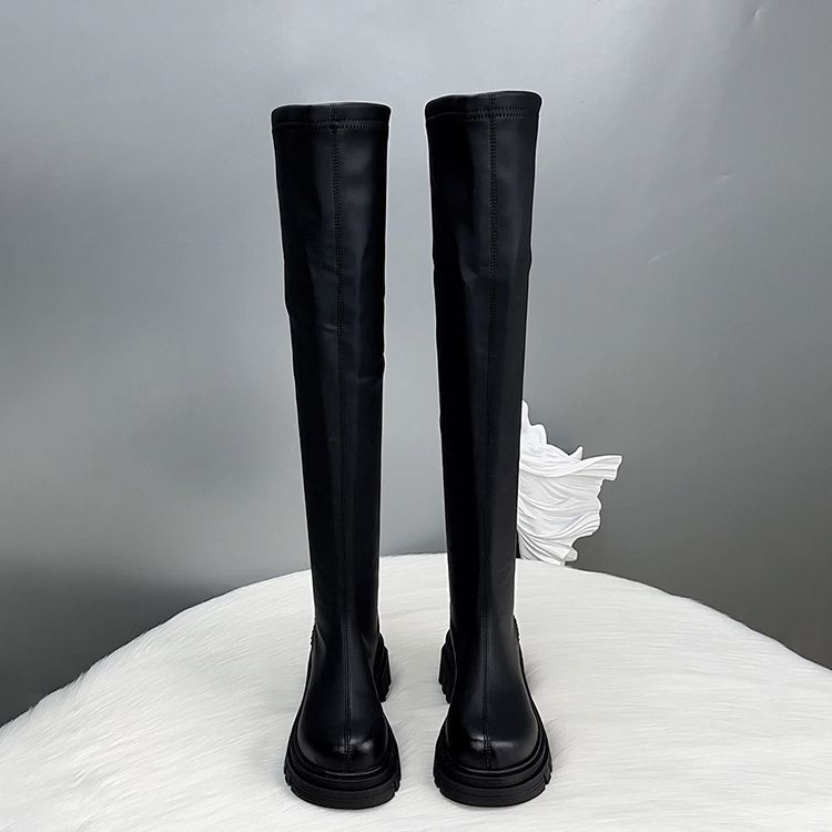 Moteriški over-the-knee batai su stora padu, PU viršus, gumos padas, apvali nosis, masyvus kulnas 3–5 cm, korėjiško stiliaus