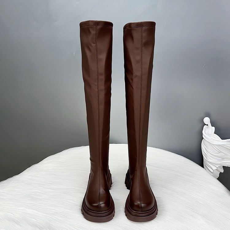 Moteriški over-the-knee batai su stora padu, PU viršus, gumos padas, apvali nosis, masyvus kulnas 3–5 cm, korėjiško stiliaus