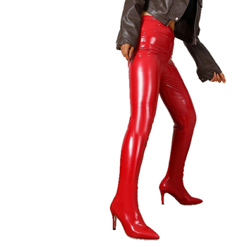 Cizme peste genunchi cu vârf ascuțit, toc subțire, partea superioară din PU, talpă din cauciuc