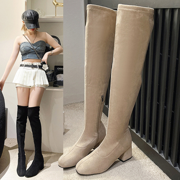 Cizme peste genunchi cu partea superioară PU, vârf ascuțit, toc gros 3-5 cm, înălțime mare, talpă din cauciuc