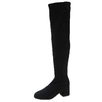 Cizme peste genunchi cu partea superioară PU, vârf ascuțit, toc gros 3-5 cm, înălțime mare, talpă din cauciuc