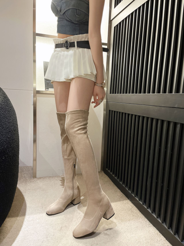 Cizme peste genunchi cu partea superioară PU, vârf ascuțit, toc gros 3-5 cm, înălțime mare, talpă din cauciuc