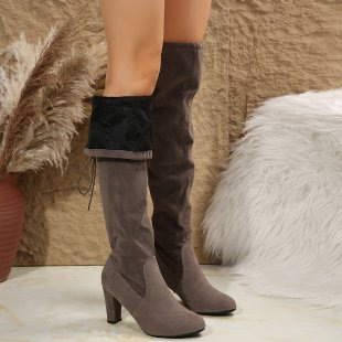 Cizme peste genunchi, stil european-american, vârf ascuțit, toc înalt subțire 6–8 cm, partea superioară din piele intoarsă