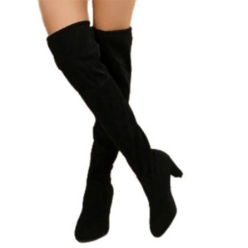 Cizme peste genunchi, stil european-american, vârf ascuțit, toc înalt subțire 6–8 cm, partea superioară din piele intoarsă