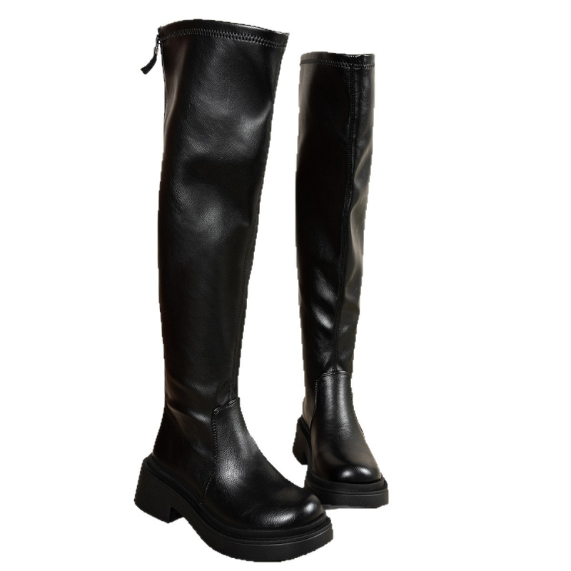 Cizme de călărie peste genunchi din PU piele, talpă din cauciuc, vârf rotund, toc gros, fermoar pe spate